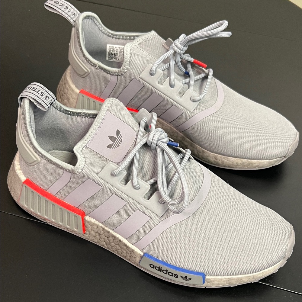 Adidas Nmd Light Gray Sneakers with Red and Blue Accents